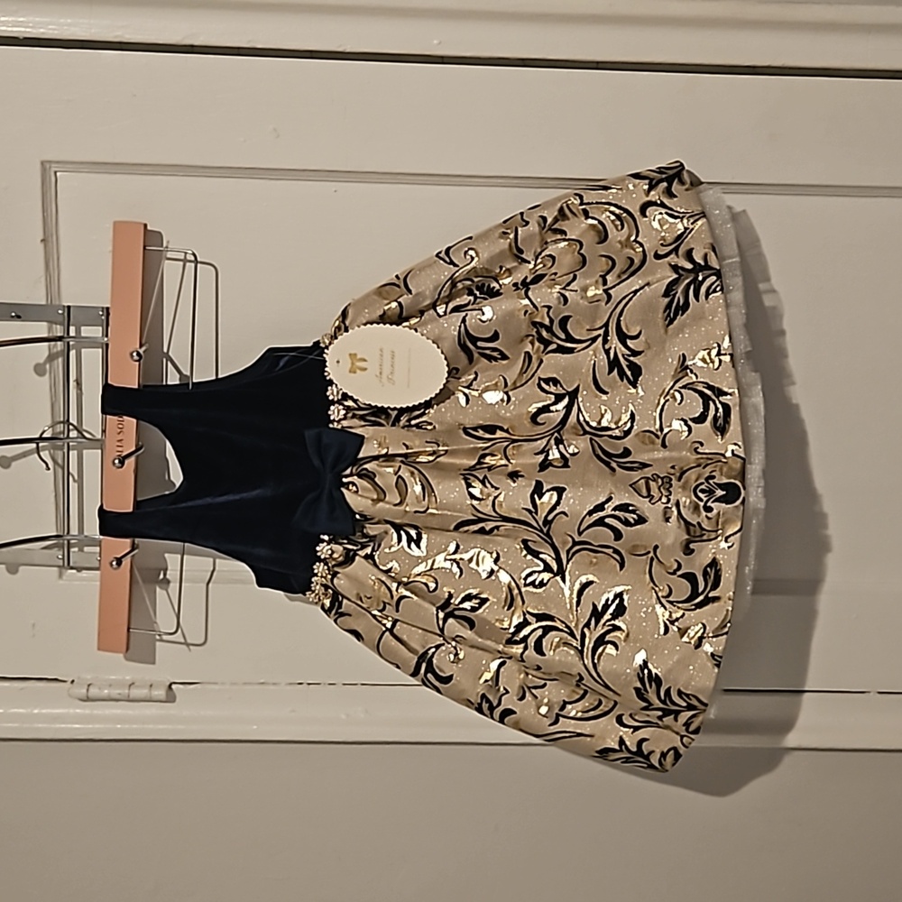 Size 4T Blue Velvet Gold Jacquard holiday dress